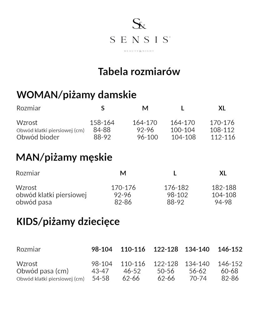 Sensis - tabela rozmiarów producenta